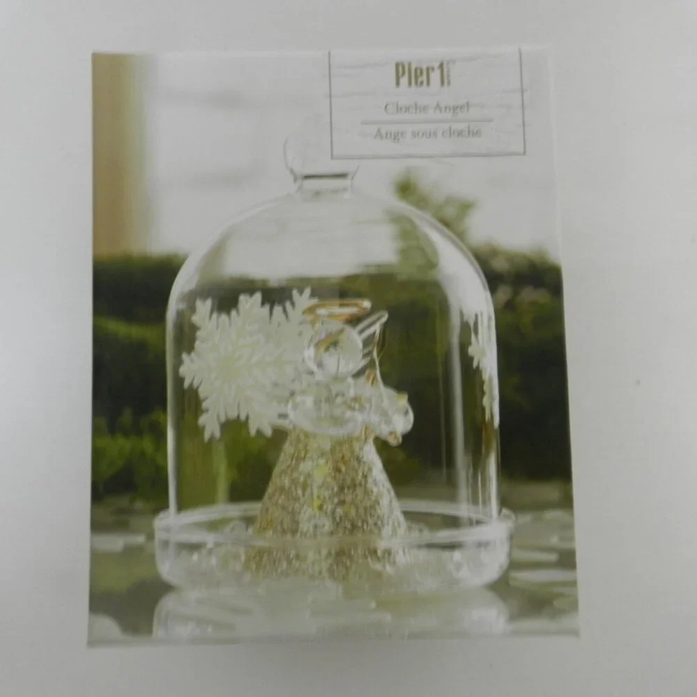 Pier 1 Imports Glass Cloche Angel Christmas Bell Figure Diorama Figurine w/ Box